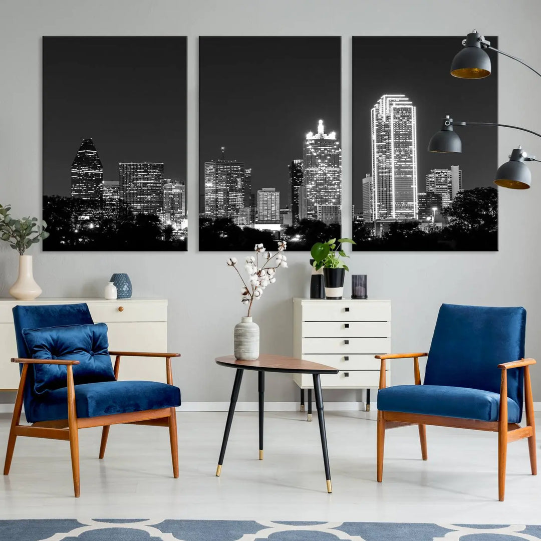 The "Dallas City Lights Skyline Black and White Wall Art Cityscape Canvas Print" is a museum-quality canvas with gallery-wrapped edges.