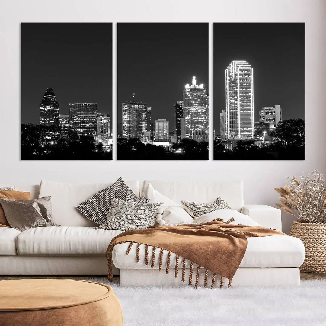 The "Dallas City Lights Skyline Black and White Wall Art Cityscape Canvas Print" is a museum-quality canvas with gallery-wrapped edges.