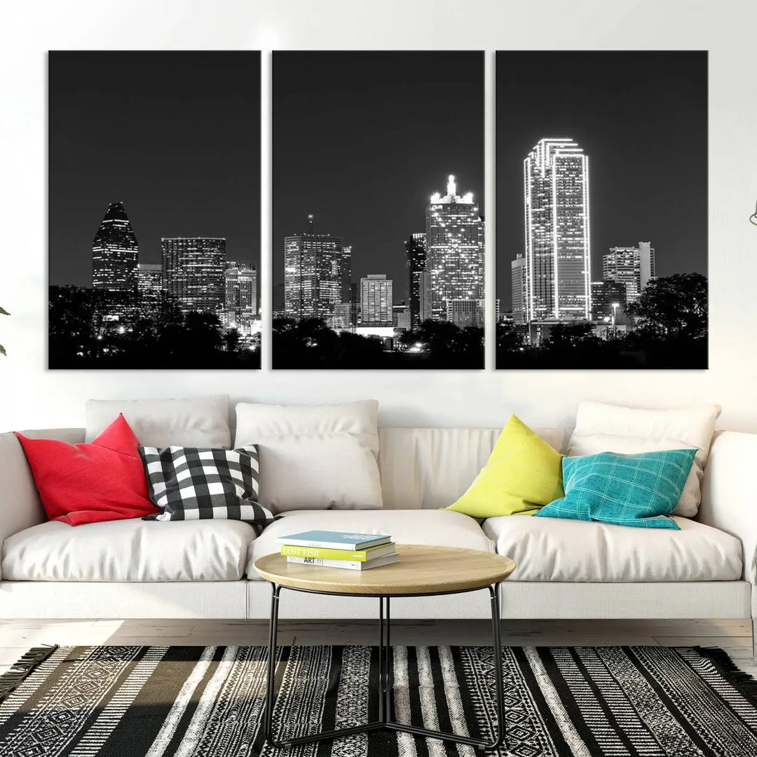 The "Dallas City Lights Skyline Black and White Wall Art Cityscape Canvas Print" is a museum-quality canvas with gallery-wrapped edges.