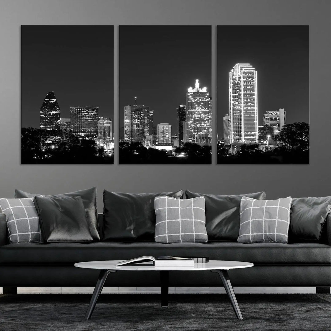 The "Dallas City Lights Skyline Black and White Wall Art Cityscape Canvas Print" is a museum-quality canvas with gallery-wrapped edges.