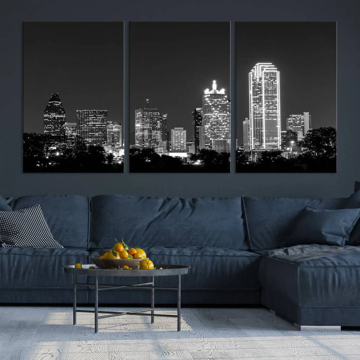 The "Dallas City Lights Skyline Black and White Wall Art Cityscape Canvas Print" is a museum-quality canvas with gallery-wrapped edges.