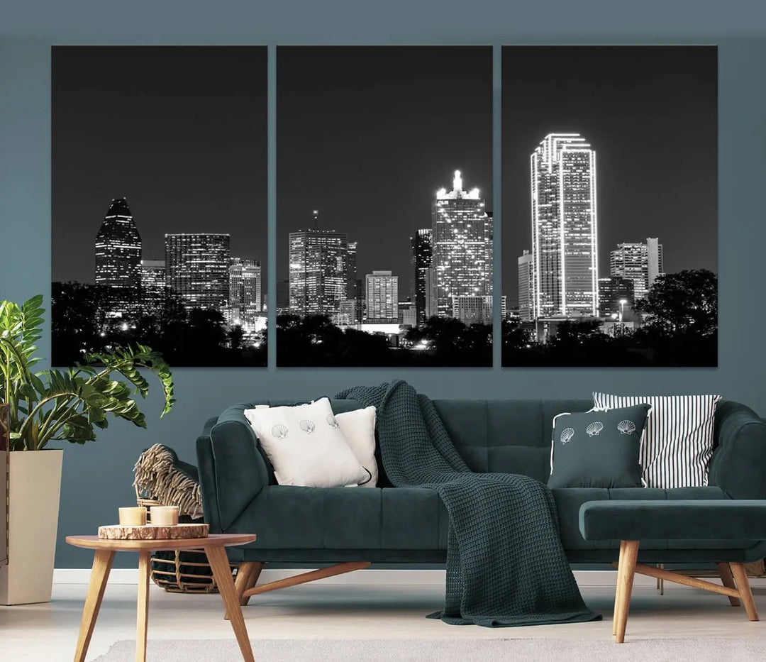 The "Dallas City Lights Skyline Black and White Wall Art Cityscape Canvas Print" is a museum-quality canvas with gallery-wrapped edges.