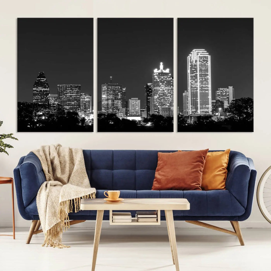 The "Dallas City Lights Skyline Black and White Wall Art Cityscape Canvas Print" is a museum-quality canvas with gallery-wrapped edges.