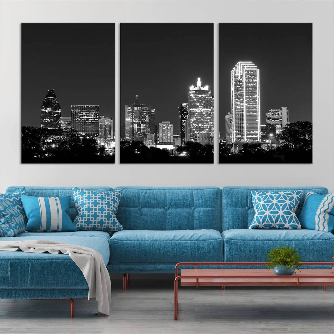 The "Dallas City Lights Skyline Black and White Wall Art Cityscape Canvas Print" is a museum-quality canvas with gallery-wrapped edges.