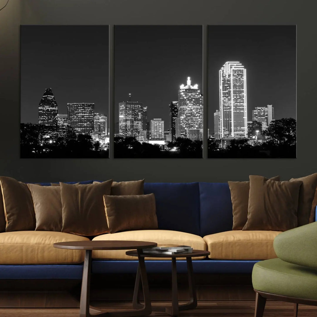 The "Dallas City Lights Skyline Black and White Wall Art Cityscape Canvas Print" is a museum-quality canvas with gallery-wrapped edges.