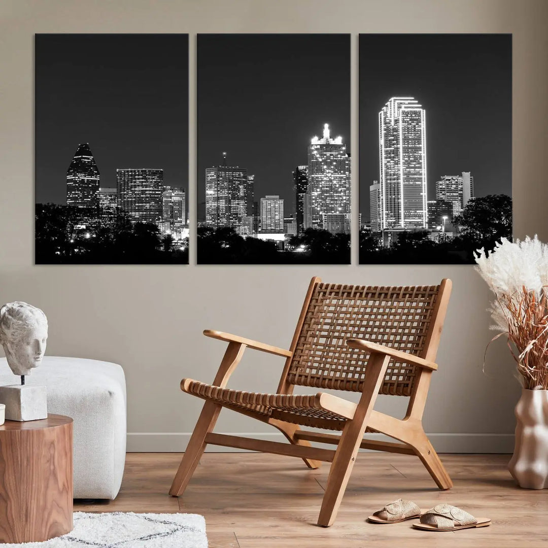 The "Dallas City Lights Skyline Black and White Wall Art Cityscape Canvas Print" is a museum-quality canvas with gallery-wrapped edges.