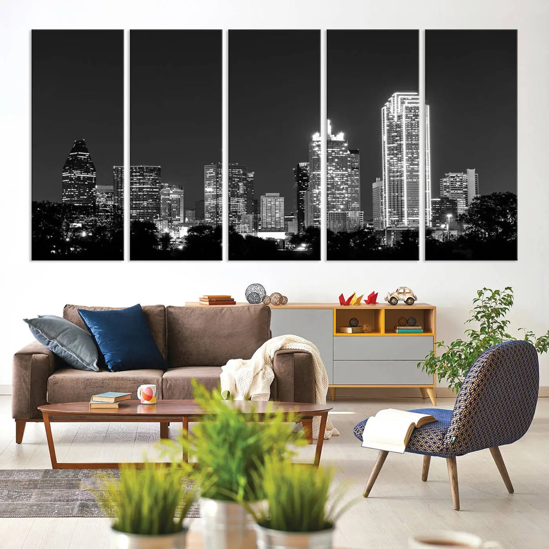 The "Dallas City Lights Skyline Black and White Wall Art Cityscape Canvas Print" is a museum-quality canvas with gallery-wrapped edges.