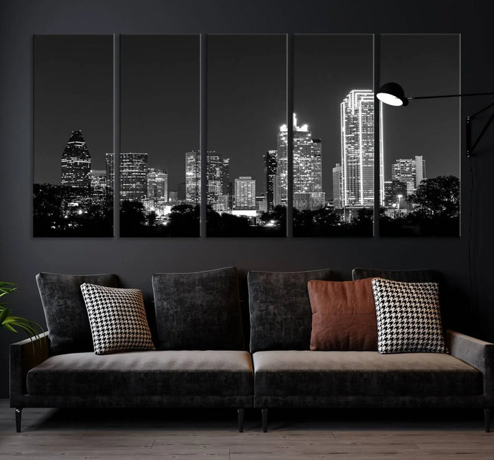 The "Dallas City Lights Skyline Black and White Wall Art Cityscape Canvas Print" is a museum-quality canvas with gallery-wrapped edges.