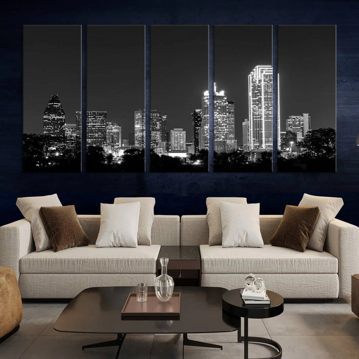 The "Dallas City Lights Skyline Black and White Wall Art Cityscape Canvas Print" is a museum-quality canvas with gallery-wrapped edges.