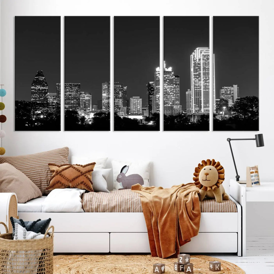 The "Dallas City Lights Skyline Black and White Wall Art Cityscape Canvas Print" is a museum-quality canvas with gallery-wrapped edges.