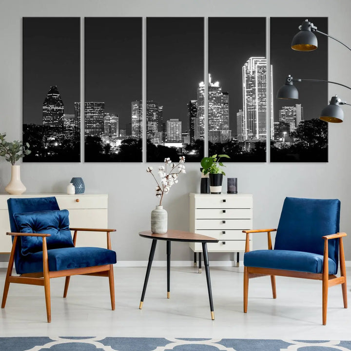 The "Dallas City Lights Skyline Black and White Wall Art Cityscape Canvas Print" is a museum-quality canvas with gallery-wrapped edges.