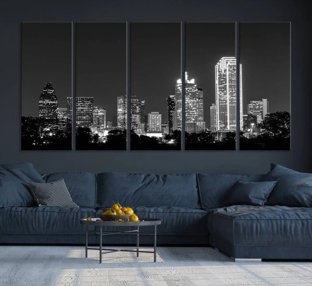 The "Dallas City Lights Skyline Black and White Wall Art Cityscape Canvas Print" is a museum-quality canvas with gallery-wrapped edges.