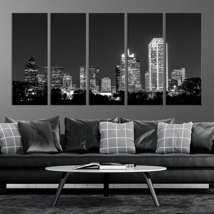 The "Dallas City Lights Skyline Black and White Wall Art Cityscape Canvas Print" is a museum-quality canvas with gallery-wrapped edges.