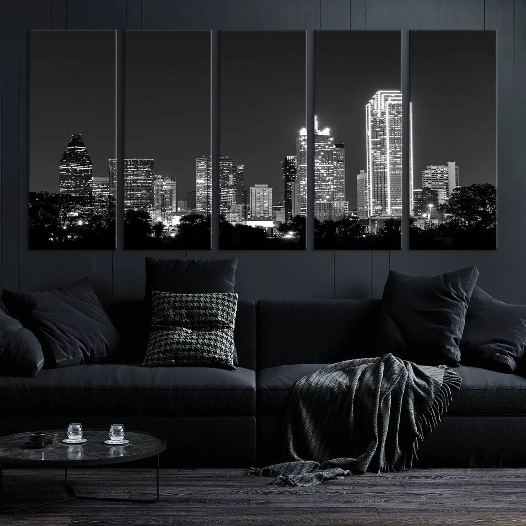 The "Dallas City Lights Skyline Black and White Wall Art Cityscape Canvas Print" is a museum-quality canvas with gallery-wrapped edges.