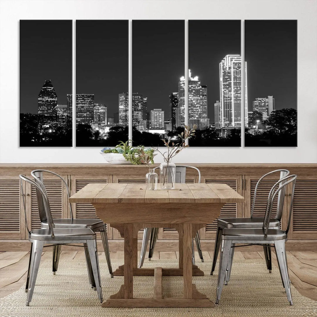 The "Dallas City Lights Skyline Black and White Wall Art Cityscape Canvas Print" is a museum-quality canvas with gallery-wrapped edges.