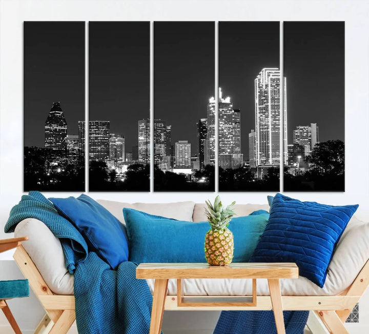 The "Dallas City Lights Skyline Black and White Wall Art Cityscape Canvas Print" is a museum-quality canvas with gallery-wrapped edges.