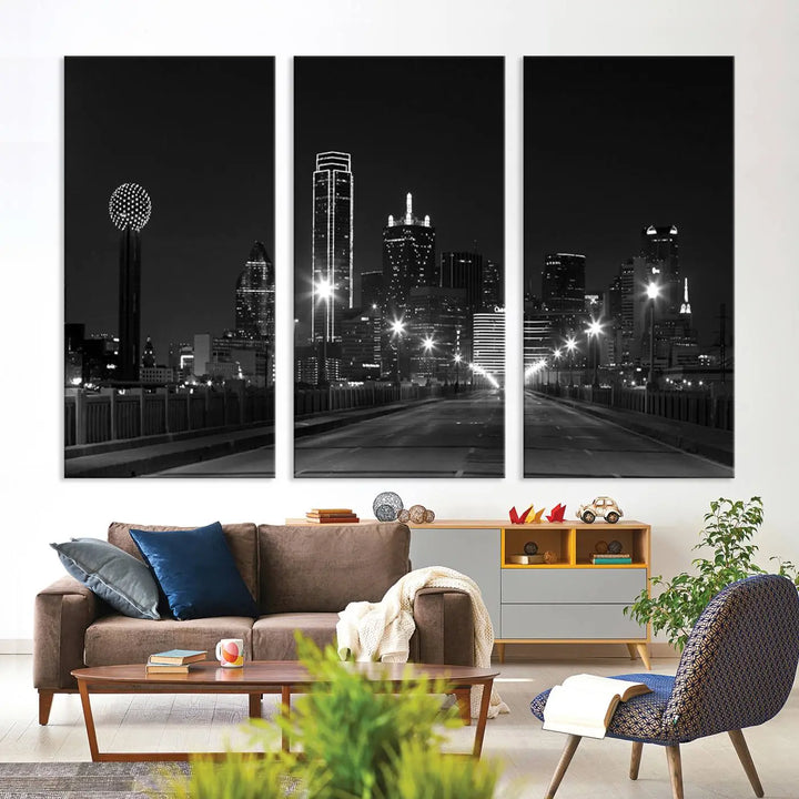 On the wall are three panels of the Dallas City Lights Skyline Black and White Wall Art Cityscape Canvas Print. These museum-quality, ready-to-hang pieces promise lasting vibrancy with their UV-protective coating.