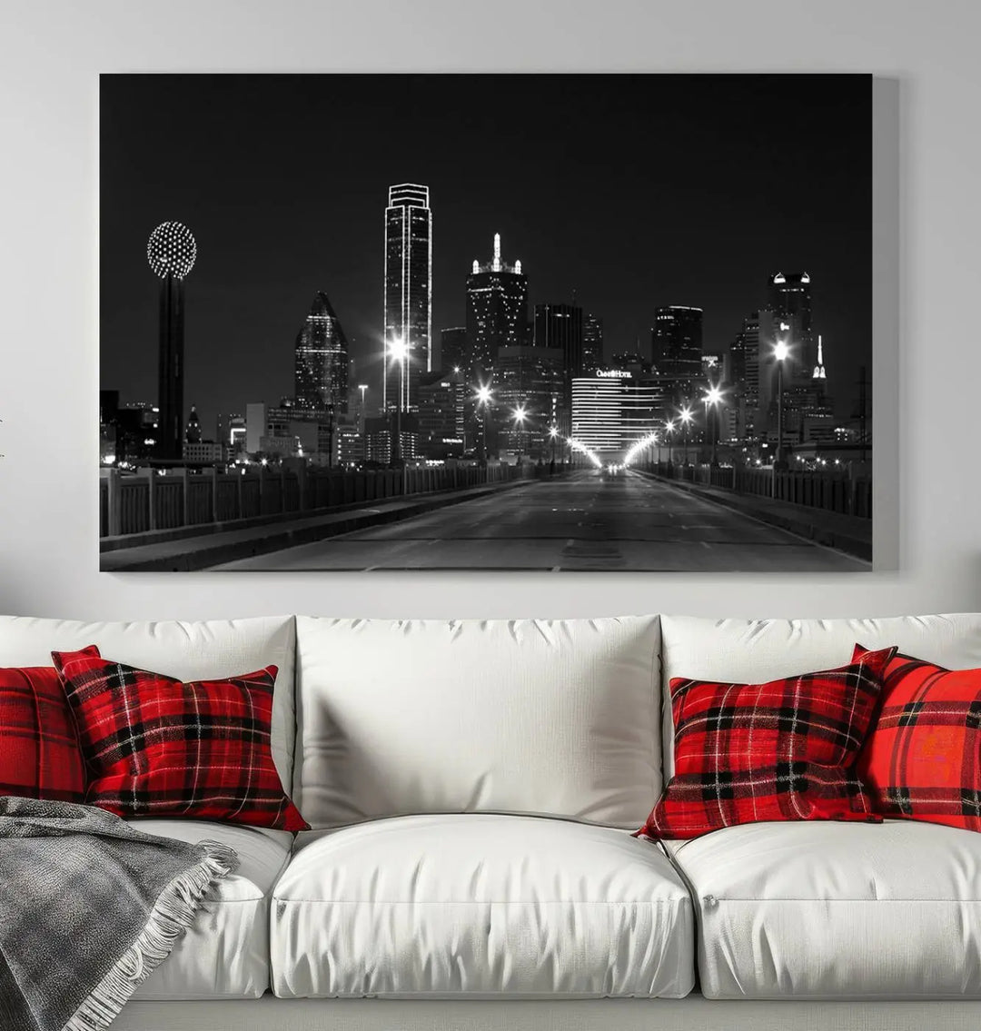 On the wall are three panels of the Dallas City Lights Skyline Black and White Wall Art Cityscape Canvas Print. These museum-quality, ready-to-hang pieces promise lasting vibrancy with their UV-protective coating.