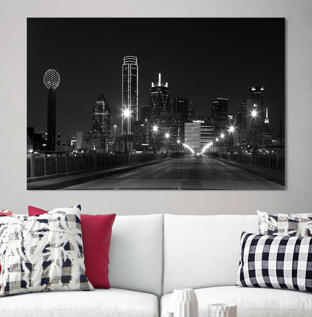 On the wall are three panels of the Dallas City Lights Skyline Black and White Wall Art Cityscape Canvas Print. These museum-quality, ready-to-hang pieces promise lasting vibrancy with their UV-protective coating.