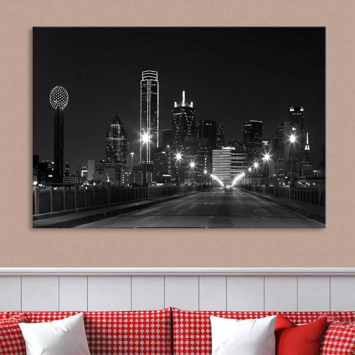 On the wall are three panels of the Dallas City Lights Skyline Black and White Wall Art Cityscape Canvas Print. These museum-quality, ready-to-hang pieces promise lasting vibrancy with their UV-protective coating.