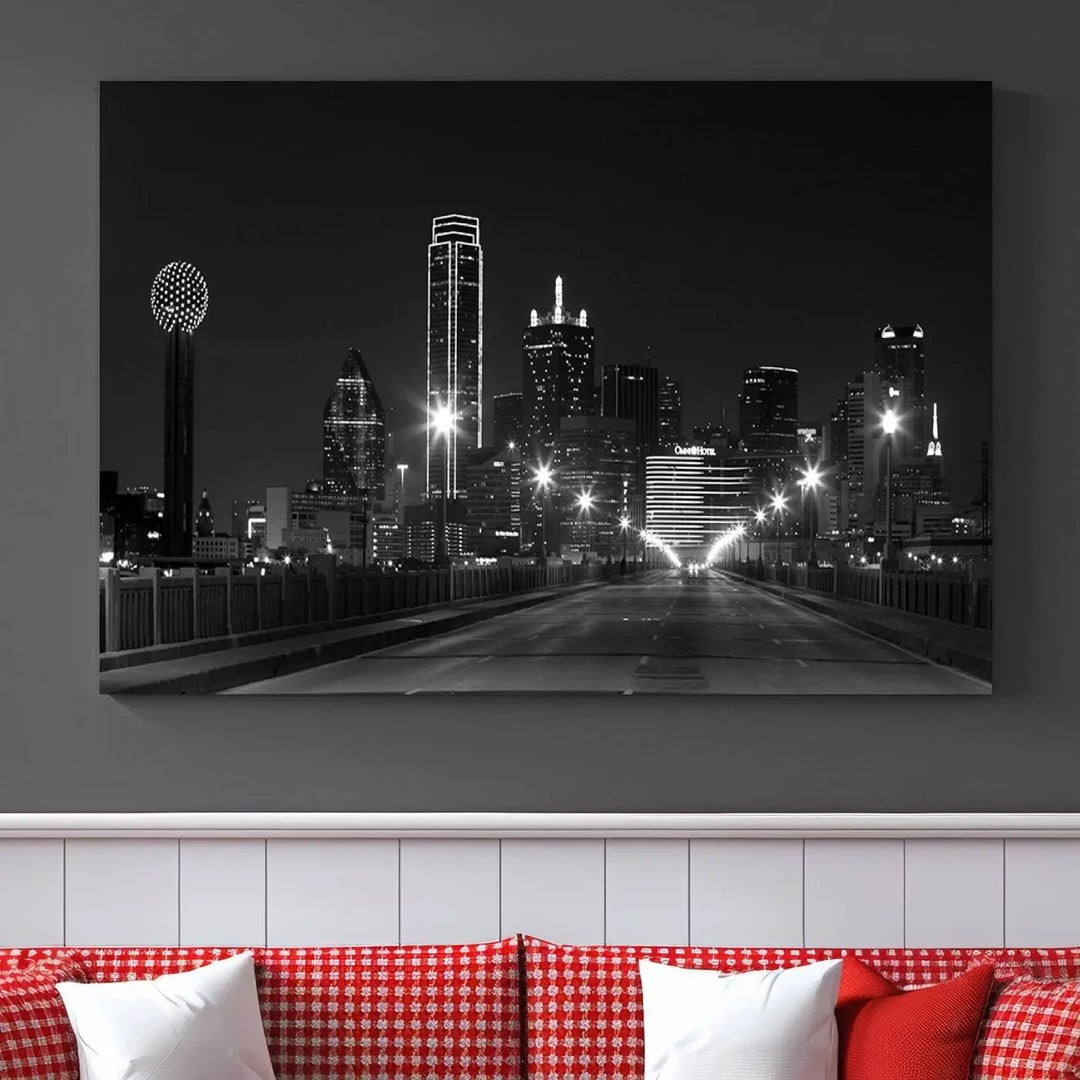 On the wall are three panels of the Dallas City Lights Skyline Black and White Wall Art Cityscape Canvas Print. These museum-quality, ready-to-hang pieces promise lasting vibrancy with their UV-protective coating.