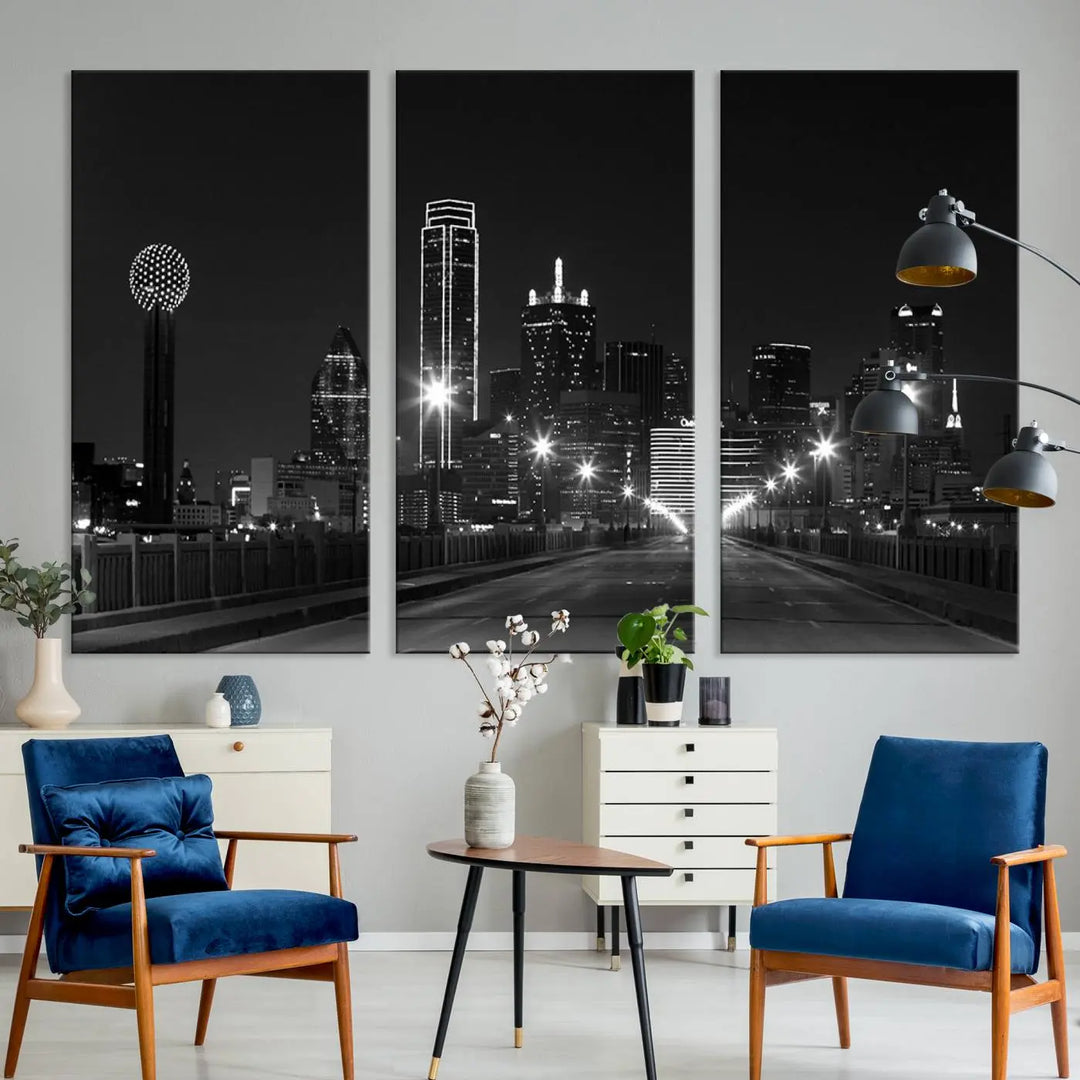 On the wall are three panels of the Dallas City Lights Skyline Black and White Wall Art Cityscape Canvas Print. These museum-quality, ready-to-hang pieces promise lasting vibrancy with their UV-protective coating.