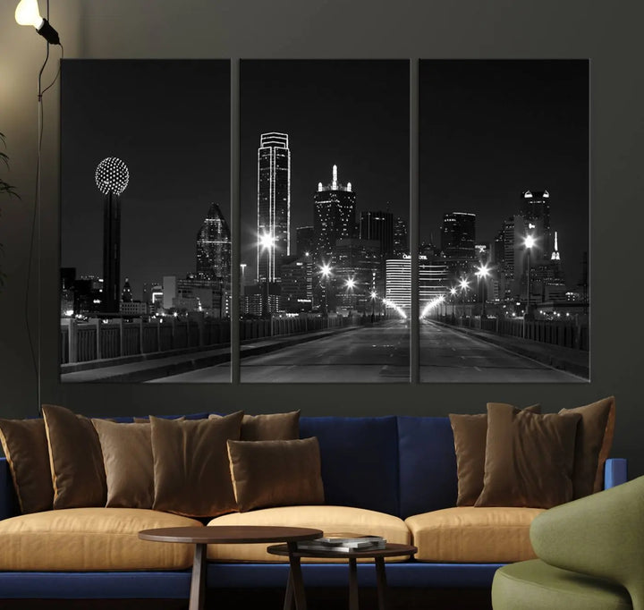 On the wall are three panels of the Dallas City Lights Skyline Black and White Wall Art Cityscape Canvas Print. These museum-quality, ready-to-hang pieces promise lasting vibrancy with their UV-protective coating.