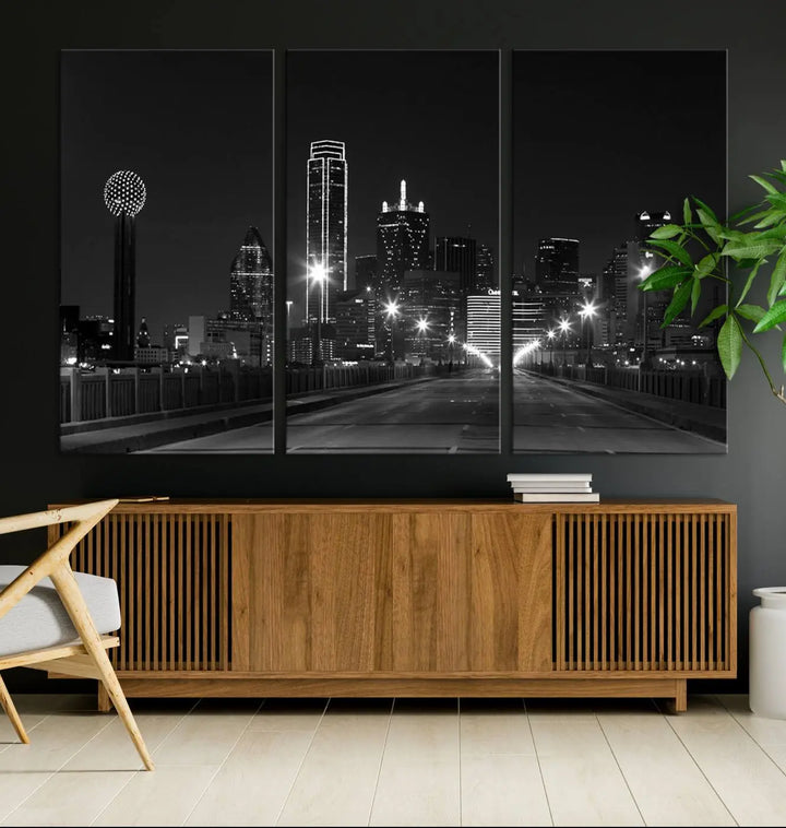 On the wall are three panels of the Dallas City Lights Skyline Black and White Wall Art Cityscape Canvas Print. These museum-quality, ready-to-hang pieces promise lasting vibrancy with their UV-protective coating.