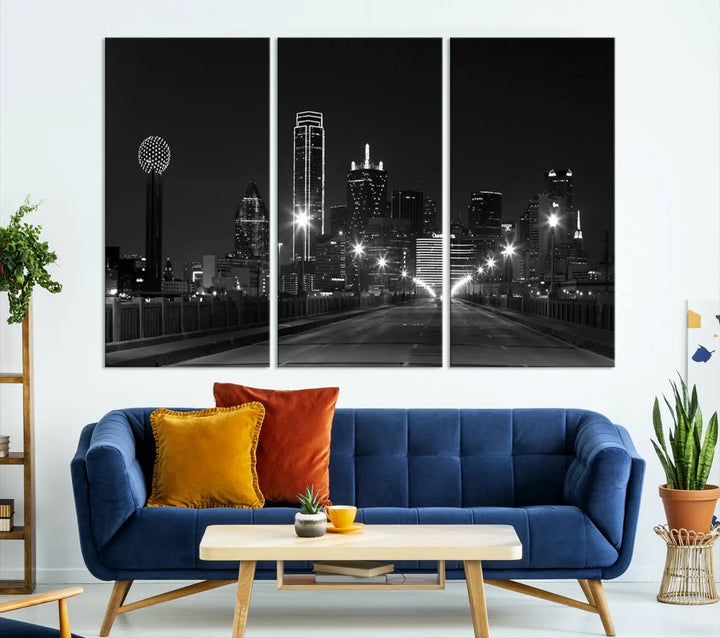 On the wall are three panels of the Dallas City Lights Skyline Black and White Wall Art Cityscape Canvas Print. These museum-quality, ready-to-hang pieces promise lasting vibrancy with their UV-protective coating.