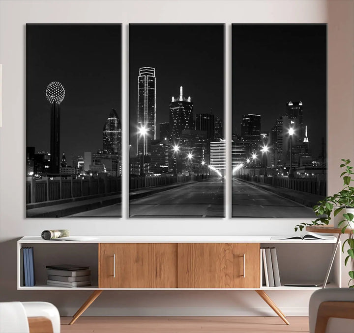 On the wall are three panels of the Dallas City Lights Skyline Black and White Wall Art Cityscape Canvas Print. These museum-quality, ready-to-hang pieces promise lasting vibrancy with their UV-protective coating.