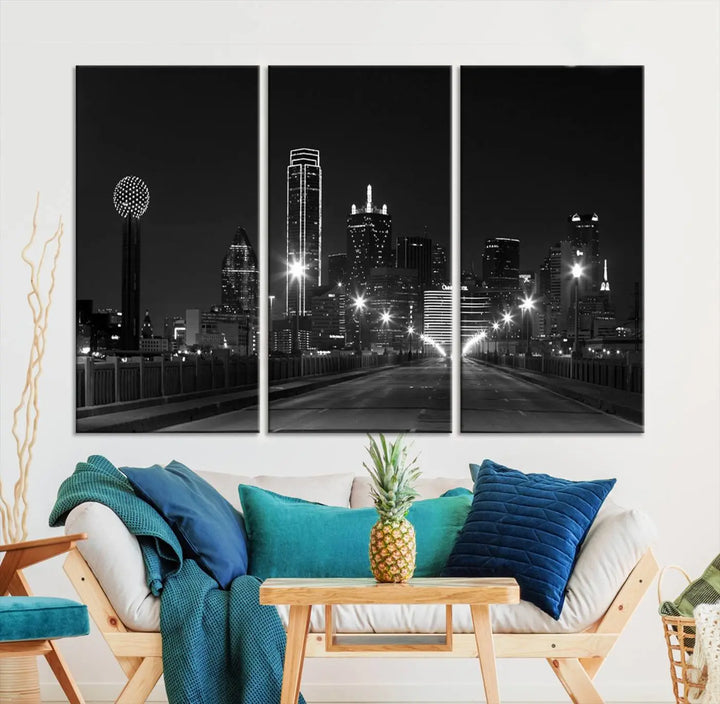 On the wall are three panels of the Dallas City Lights Skyline Black and White Wall Art Cityscape Canvas Print. These museum-quality, ready-to-hang pieces promise lasting vibrancy with their UV-protective coating.