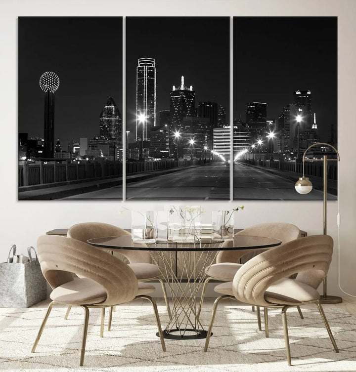 On the wall are three panels of the Dallas City Lights Skyline Black and White Wall Art Cityscape Canvas Print. These museum-quality, ready-to-hang pieces promise lasting vibrancy with their UV-protective coating.