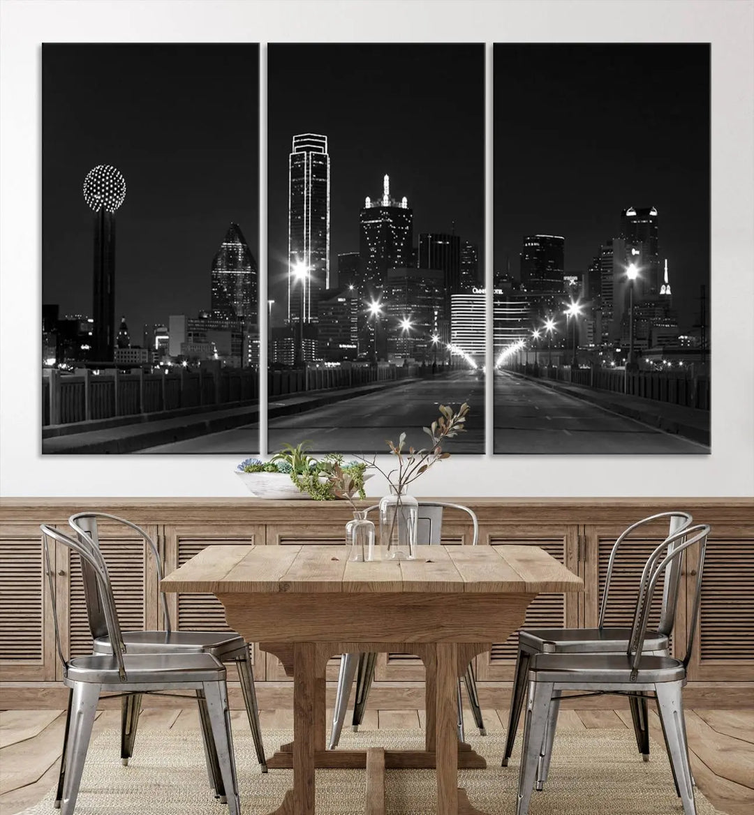 On the wall are three panels of the Dallas City Lights Skyline Black and White Wall Art Cityscape Canvas Print. These museum-quality, ready-to-hang pieces promise lasting vibrancy with their UV-protective coating.