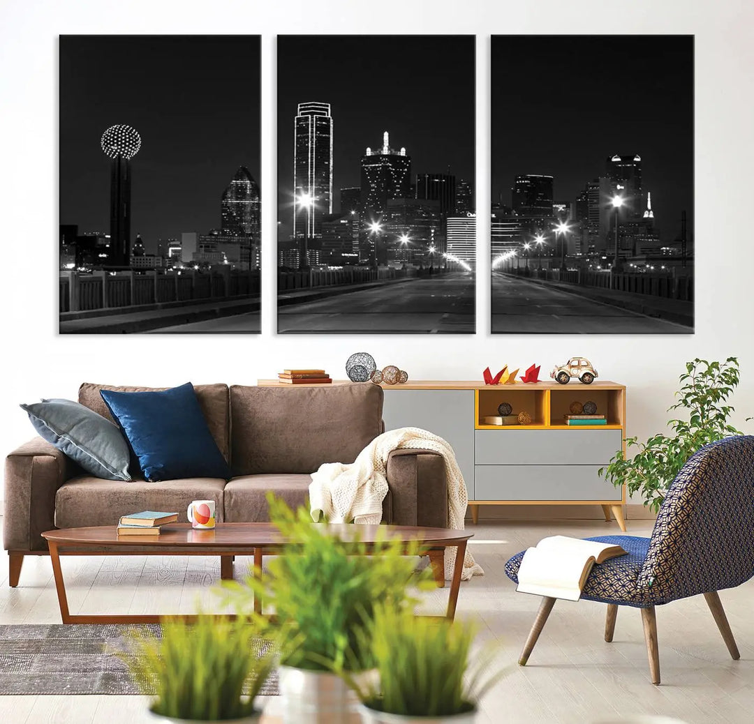 On the wall are three panels of the Dallas City Lights Skyline Black and White Wall Art Cityscape Canvas Print. These museum-quality, ready-to-hang pieces promise lasting vibrancy with their UV-protective coating.