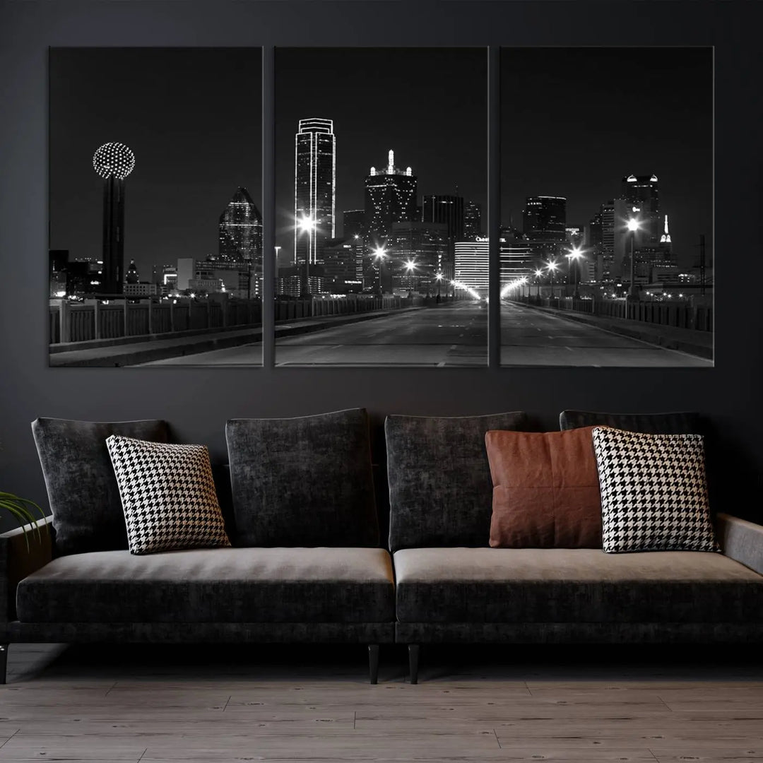 On the wall are three panels of the Dallas City Lights Skyline Black and White Wall Art Cityscape Canvas Print. These museum-quality, ready-to-hang pieces promise lasting vibrancy with their UV-protective coating.