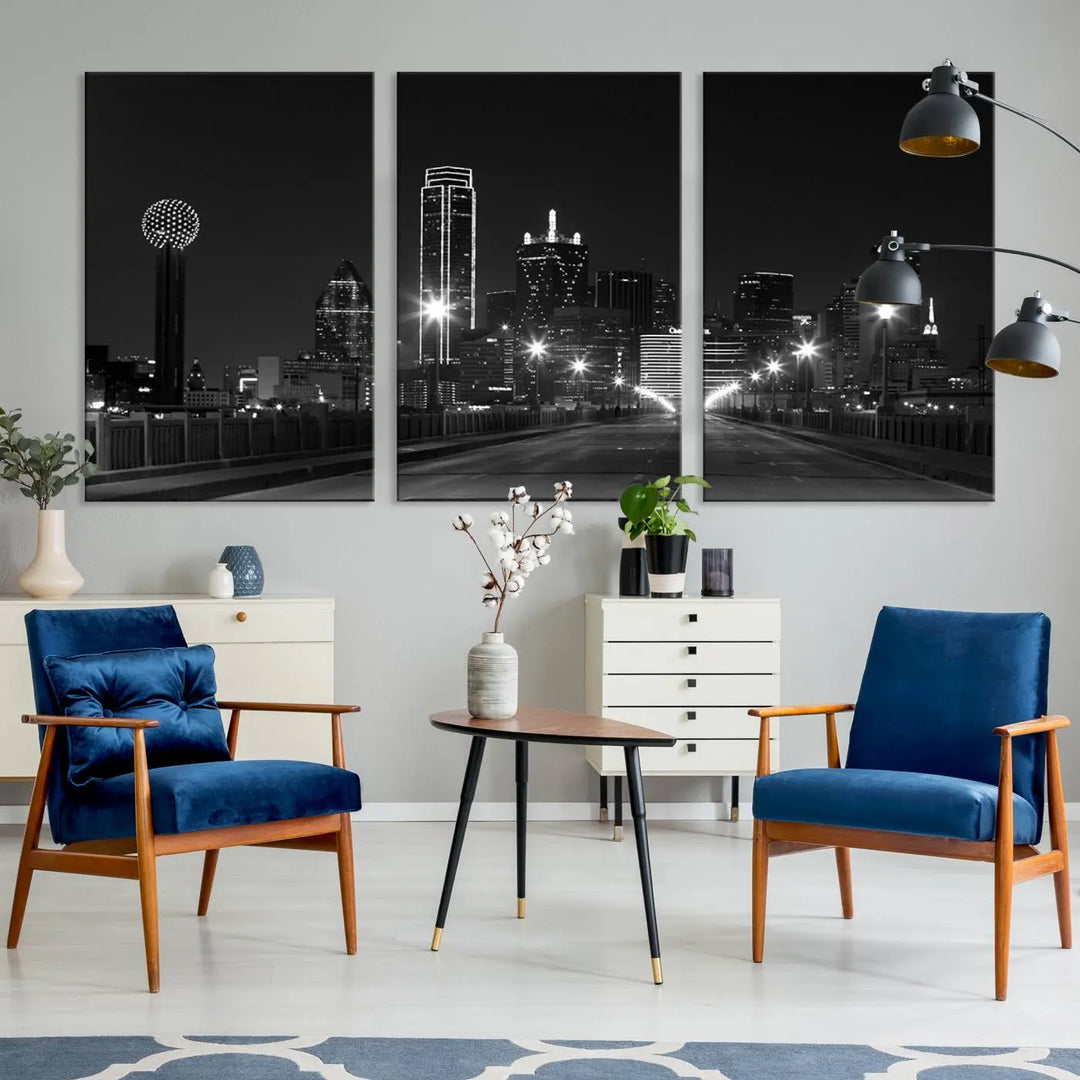 On the wall are three panels of the Dallas City Lights Skyline Black and White Wall Art Cityscape Canvas Print. These museum-quality, ready-to-hang pieces promise lasting vibrancy with their UV-protective coating.