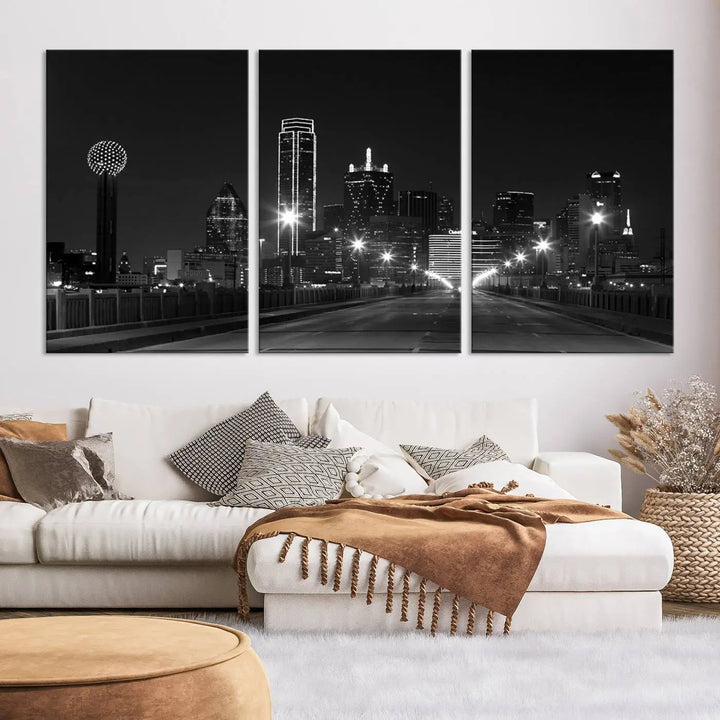 On the wall are three panels of the Dallas City Lights Skyline Black and White Wall Art Cityscape Canvas Print. These museum-quality, ready-to-hang pieces promise lasting vibrancy with their UV-protective coating.