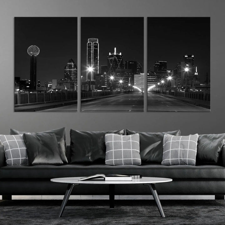 On the wall are three panels of the Dallas City Lights Skyline Black and White Wall Art Cityscape Canvas Print. These museum-quality, ready-to-hang pieces promise lasting vibrancy with their UV-protective coating.