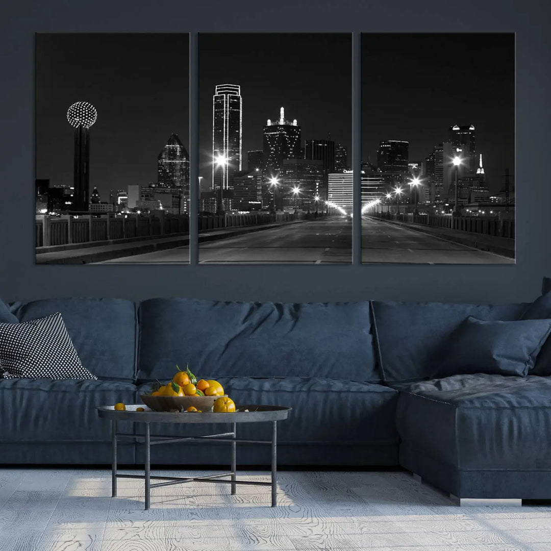 On the wall are three panels of the Dallas City Lights Skyline Black and White Wall Art Cityscape Canvas Print. These museum-quality, ready-to-hang pieces promise lasting vibrancy with their UV-protective coating.