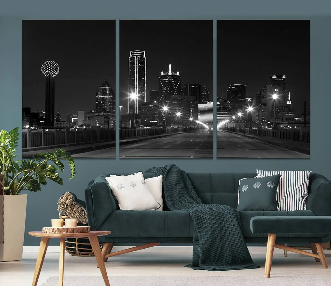 On the wall are three panels of the Dallas City Lights Skyline Black and White Wall Art Cityscape Canvas Print. These museum-quality, ready-to-hang pieces promise lasting vibrancy with their UV-protective coating.