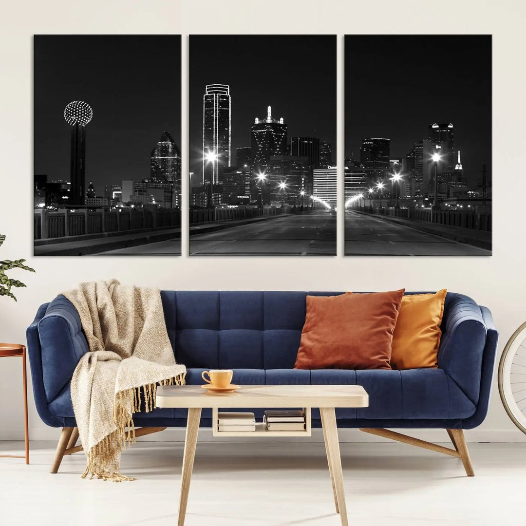 On the wall are three panels of the Dallas City Lights Skyline Black and White Wall Art Cityscape Canvas Print. These museum-quality, ready-to-hang pieces promise lasting vibrancy with their UV-protective coating.