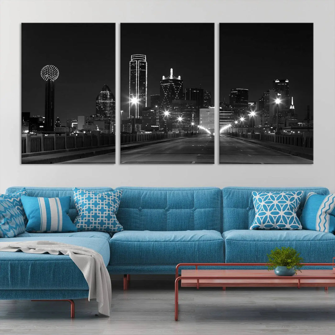 On the wall are three panels of the Dallas City Lights Skyline Black and White Wall Art Cityscape Canvas Print. These museum-quality, ready-to-hang pieces promise lasting vibrancy with their UV-protective coating.