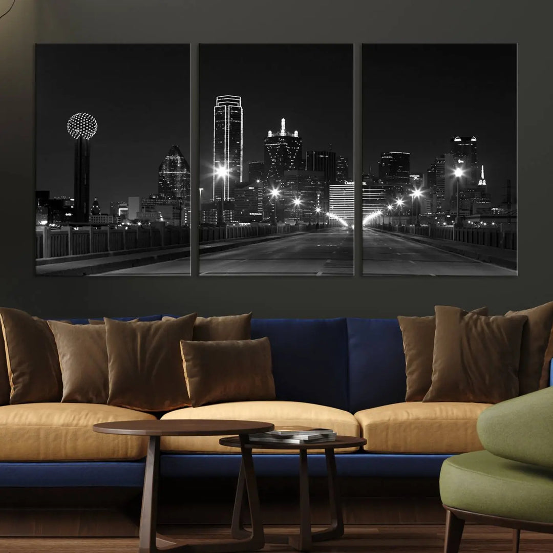 On the wall are three panels of the Dallas City Lights Skyline Black and White Wall Art Cityscape Canvas Print. These museum-quality, ready-to-hang pieces promise lasting vibrancy with their UV-protective coating.