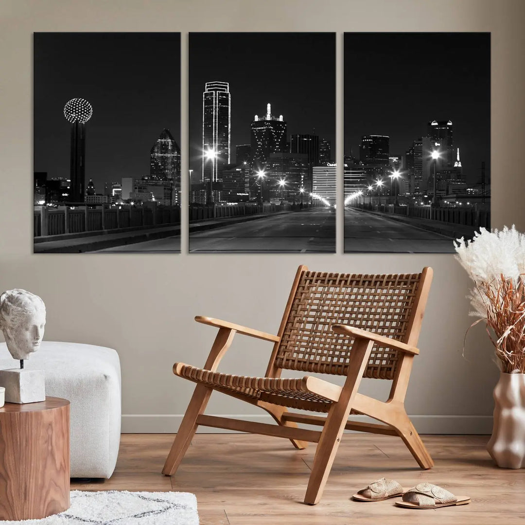 On the wall are three panels of the Dallas City Lights Skyline Black and White Wall Art Cityscape Canvas Print. These museum-quality, ready-to-hang pieces promise lasting vibrancy with their UV-protective coating.