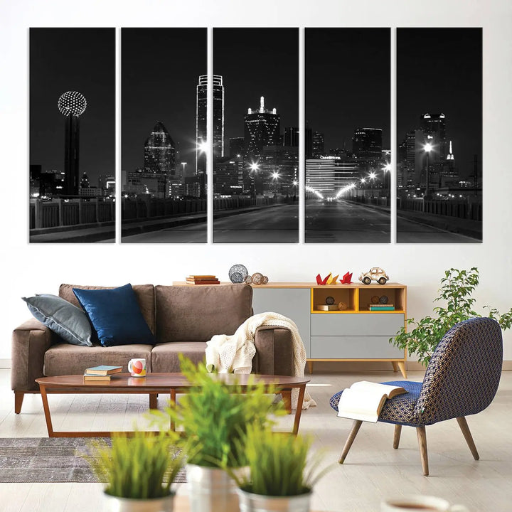 On the wall are three panels of the Dallas City Lights Skyline Black and White Wall Art Cityscape Canvas Print. These museum-quality, ready-to-hang pieces promise lasting vibrancy with their UV-protective coating.