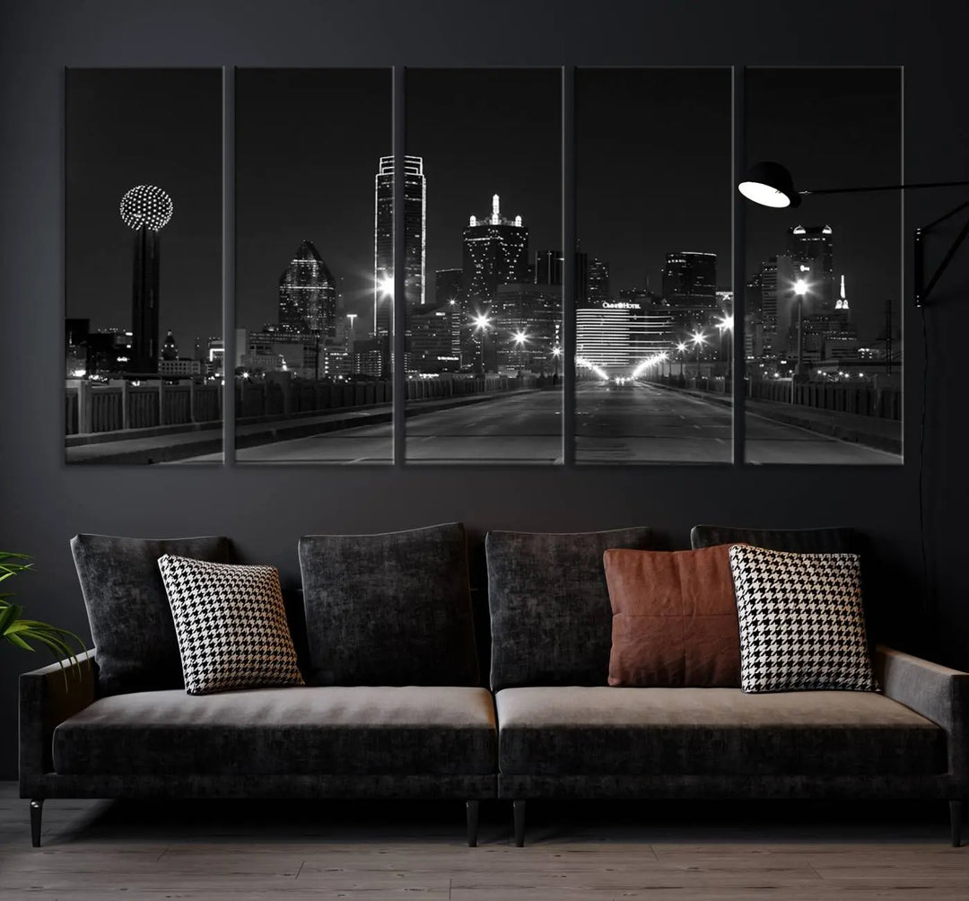 On the wall are three panels of the Dallas City Lights Skyline Black and White Wall Art Cityscape Canvas Print. These museum-quality, ready-to-hang pieces promise lasting vibrancy with their UV-protective coating.