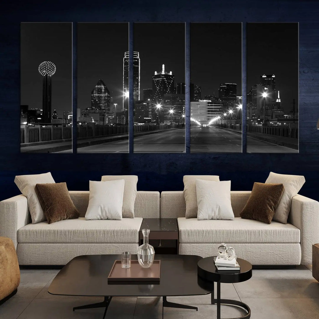 On the wall are three panels of the Dallas City Lights Skyline Black and White Wall Art Cityscape Canvas Print. These museum-quality, ready-to-hang pieces promise lasting vibrancy with their UV-protective coating.