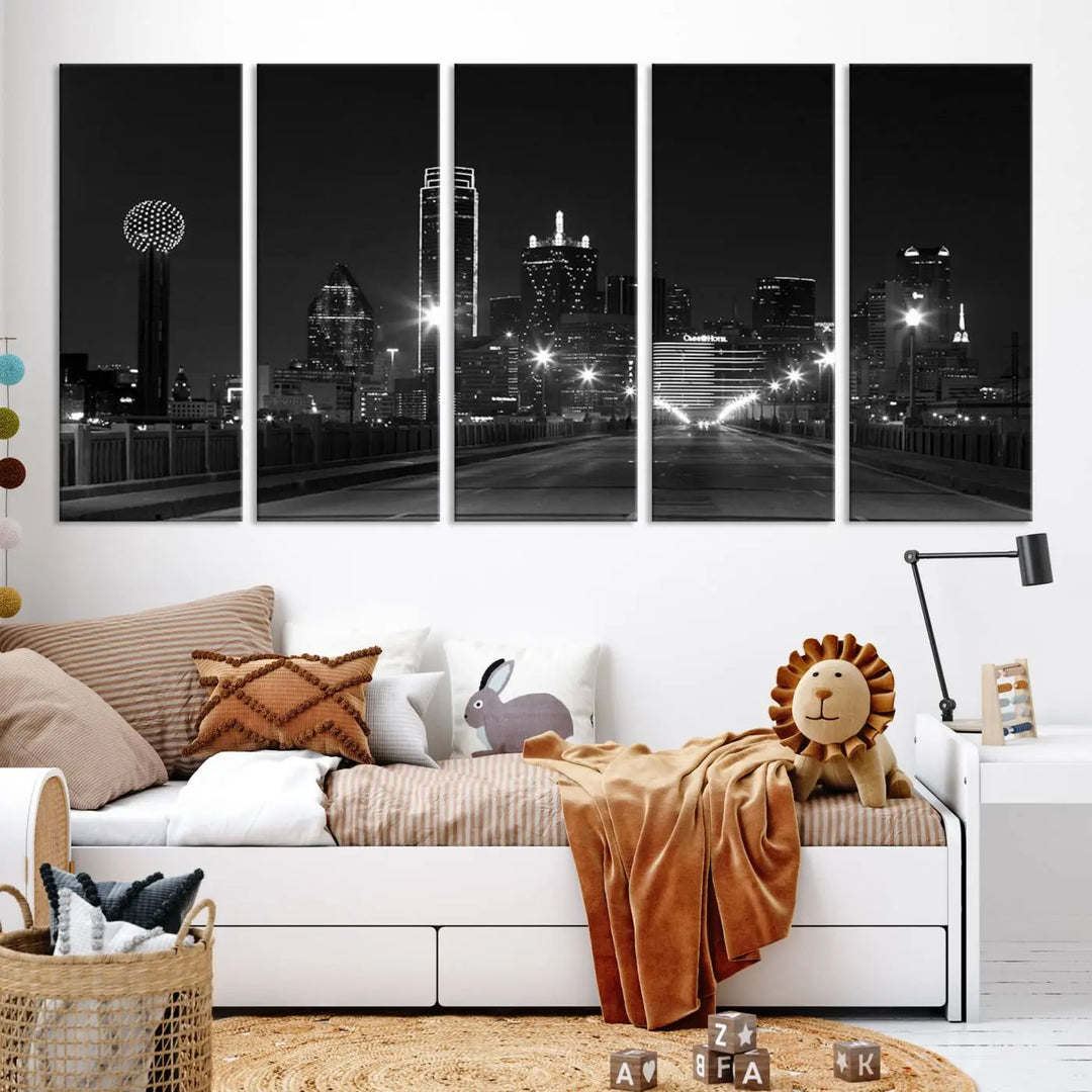 On the wall are three panels of the Dallas City Lights Skyline Black and White Wall Art Cityscape Canvas Print. These museum-quality, ready-to-hang pieces promise lasting vibrancy with their UV-protective coating.