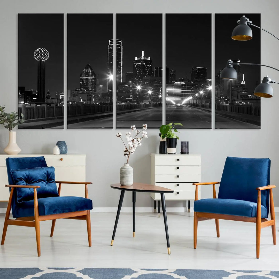 On the wall are three panels of the Dallas City Lights Skyline Black and White Wall Art Cityscape Canvas Print. These museum-quality, ready-to-hang pieces promise lasting vibrancy with their UV-protective coating.