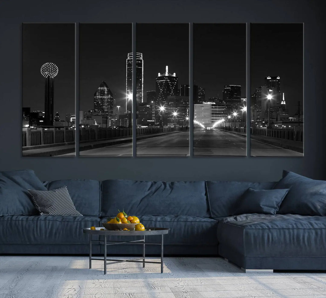 On the wall are three panels of the Dallas City Lights Skyline Black and White Wall Art Cityscape Canvas Print. These museum-quality, ready-to-hang pieces promise lasting vibrancy with their UV-protective coating.